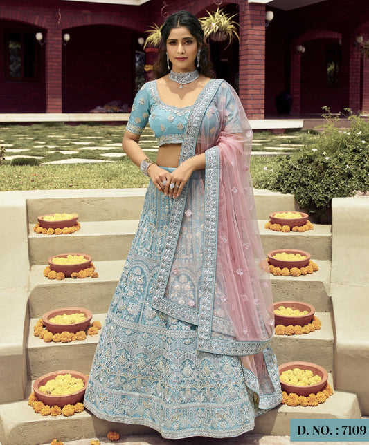 Turcoish Blue Color Heavy Bridal Lehenga For Wedding Reception – Joshindia