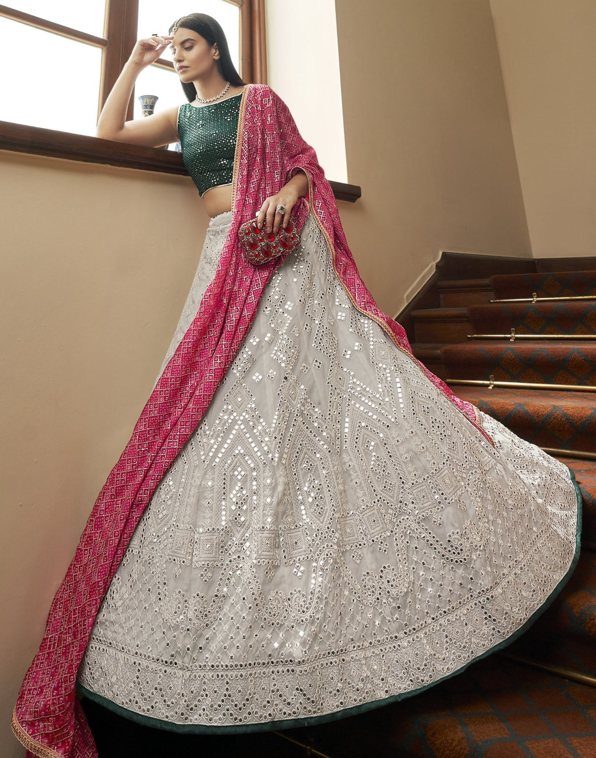 Trending white and green lehanga choli for festive look at affordable price - Joshindia