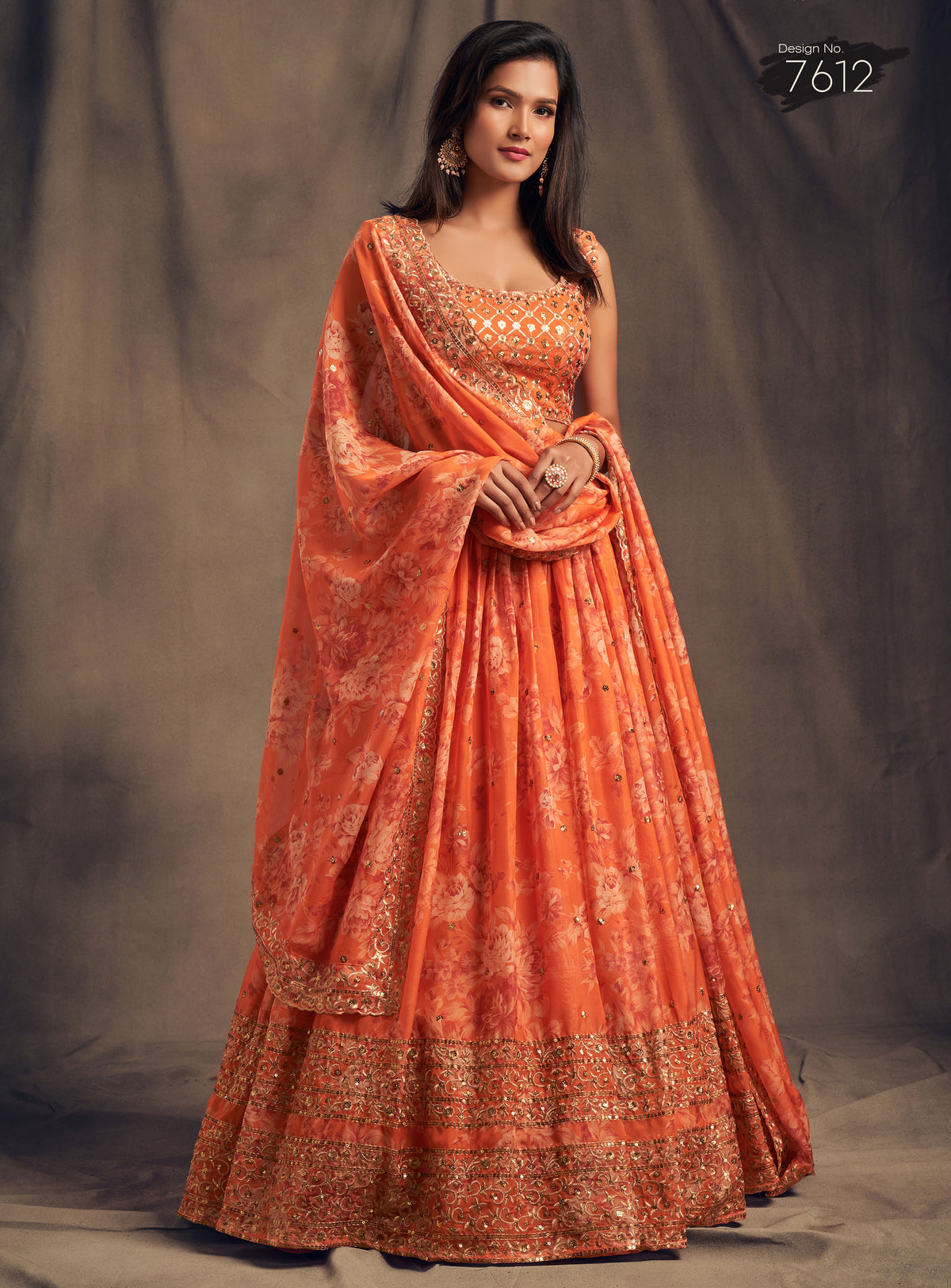 Floral lehenga choli in orange color at affordable price buy now - Joshindia