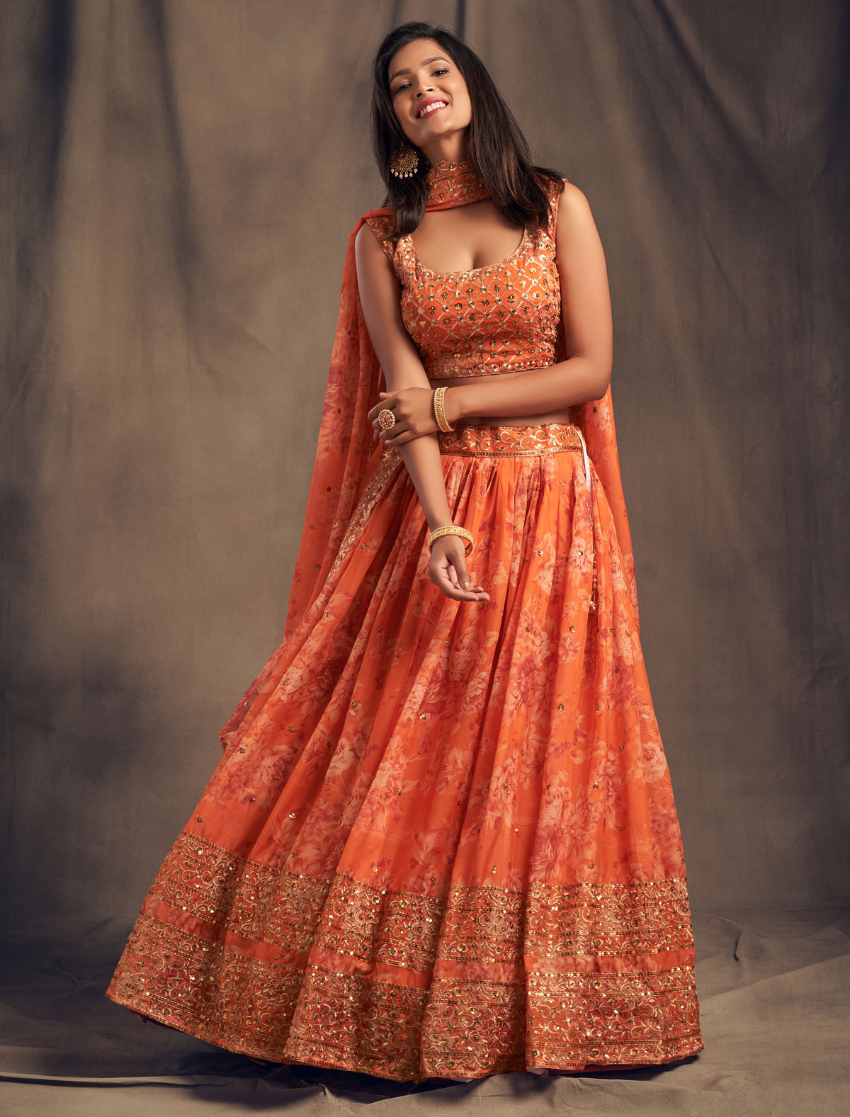 Floral lehenga choli in orange color at affordable price buy now - Joshindia