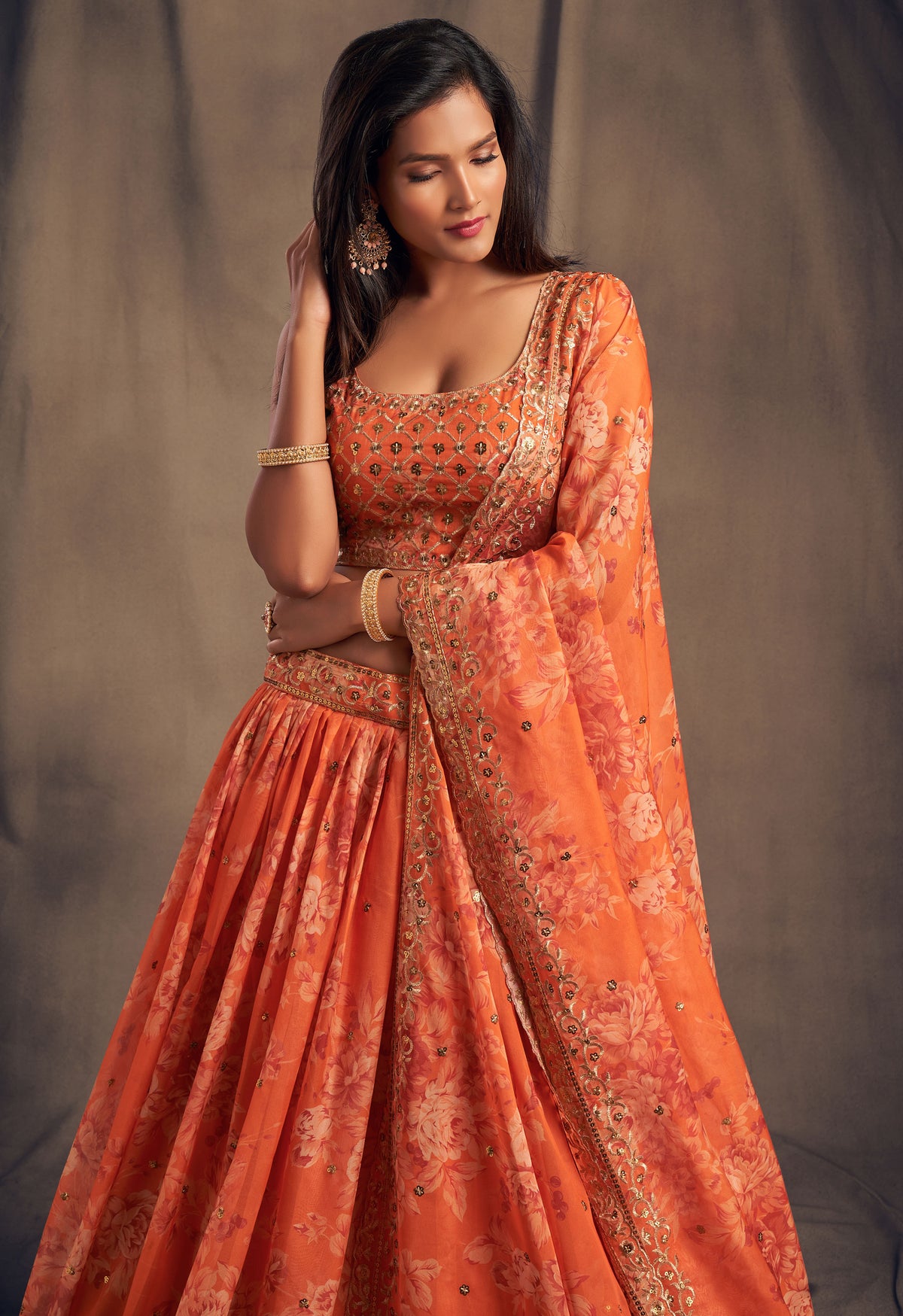 Floral lehenga choli in orange color at affordable price buy now - Joshindia