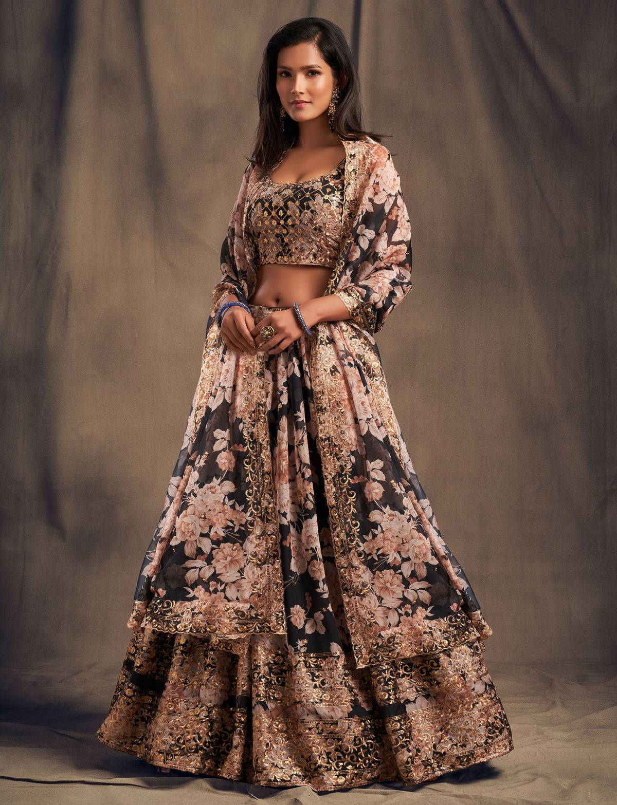 BUY NOW FLORAL GEORGETTE LEHENGA IN BLACK COLOR - Joshindia