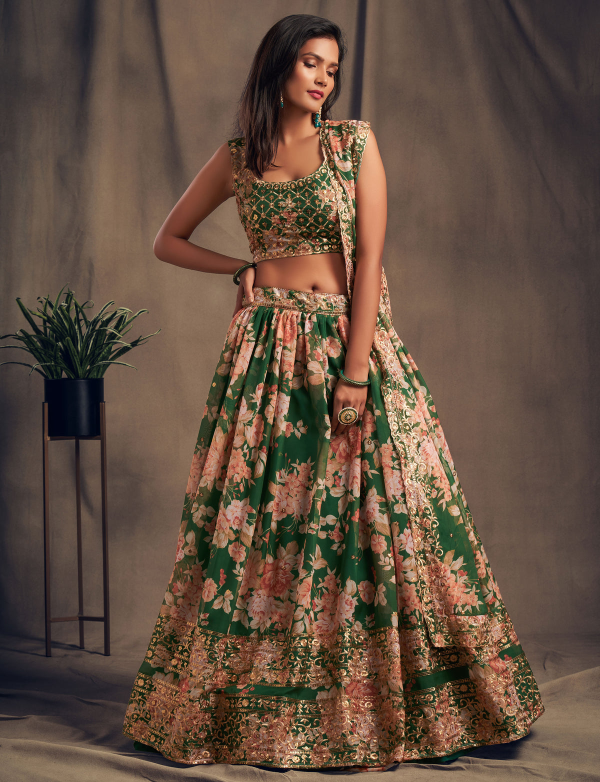 FLORAL LEHENGA CHOLI FOR DESIGNER LOOK BUY NOW IN GREEN COLOR - Joshindia