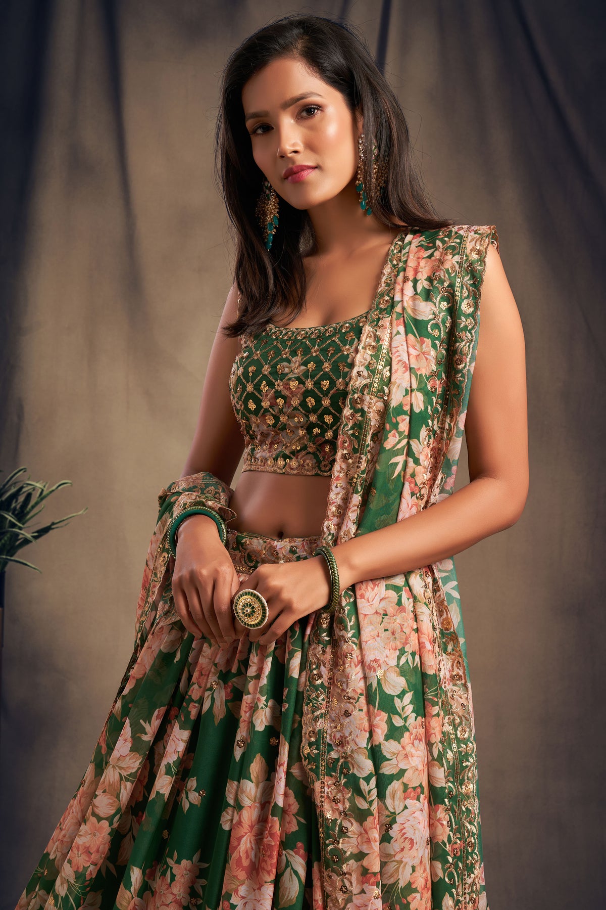 FLORAL LEHENGA CHOLI FOR DESIGNER LOOK BUY NOW IN GREEN COLOR - Joshindia