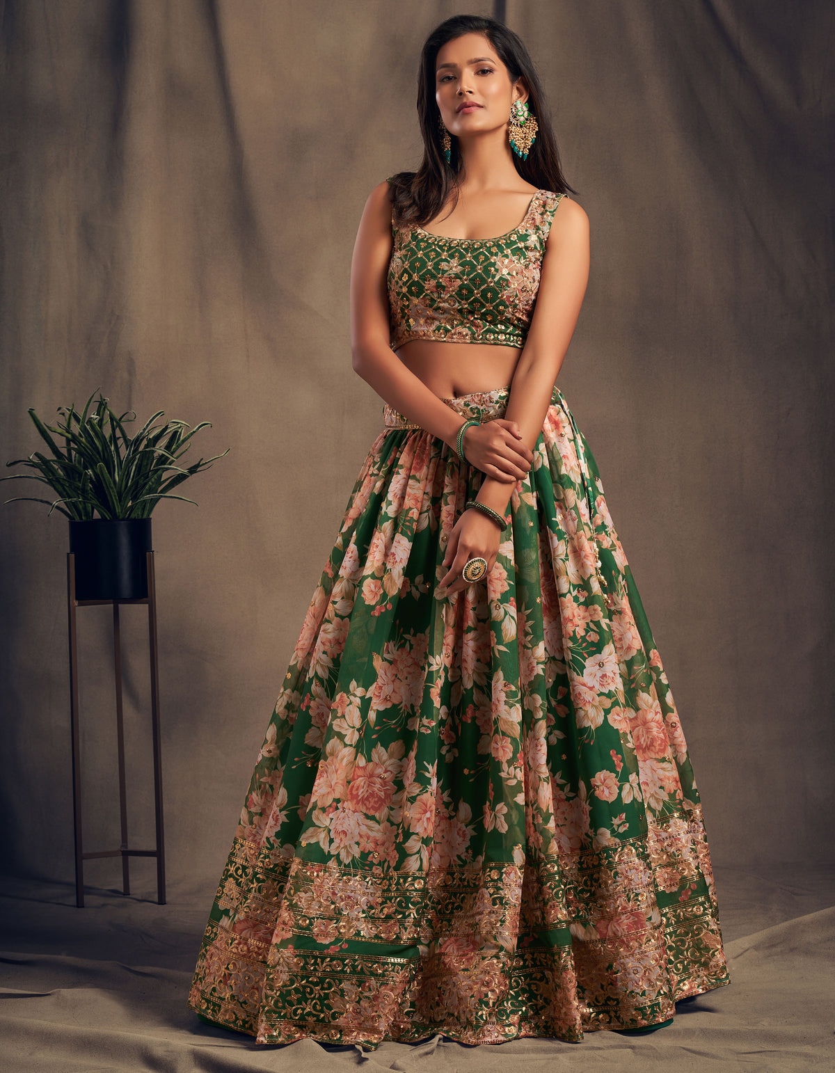 FLORAL LEHENGA CHOLI FOR DESIGNER LOOK BUY NOW IN GREEN COLOR - Joshindia
