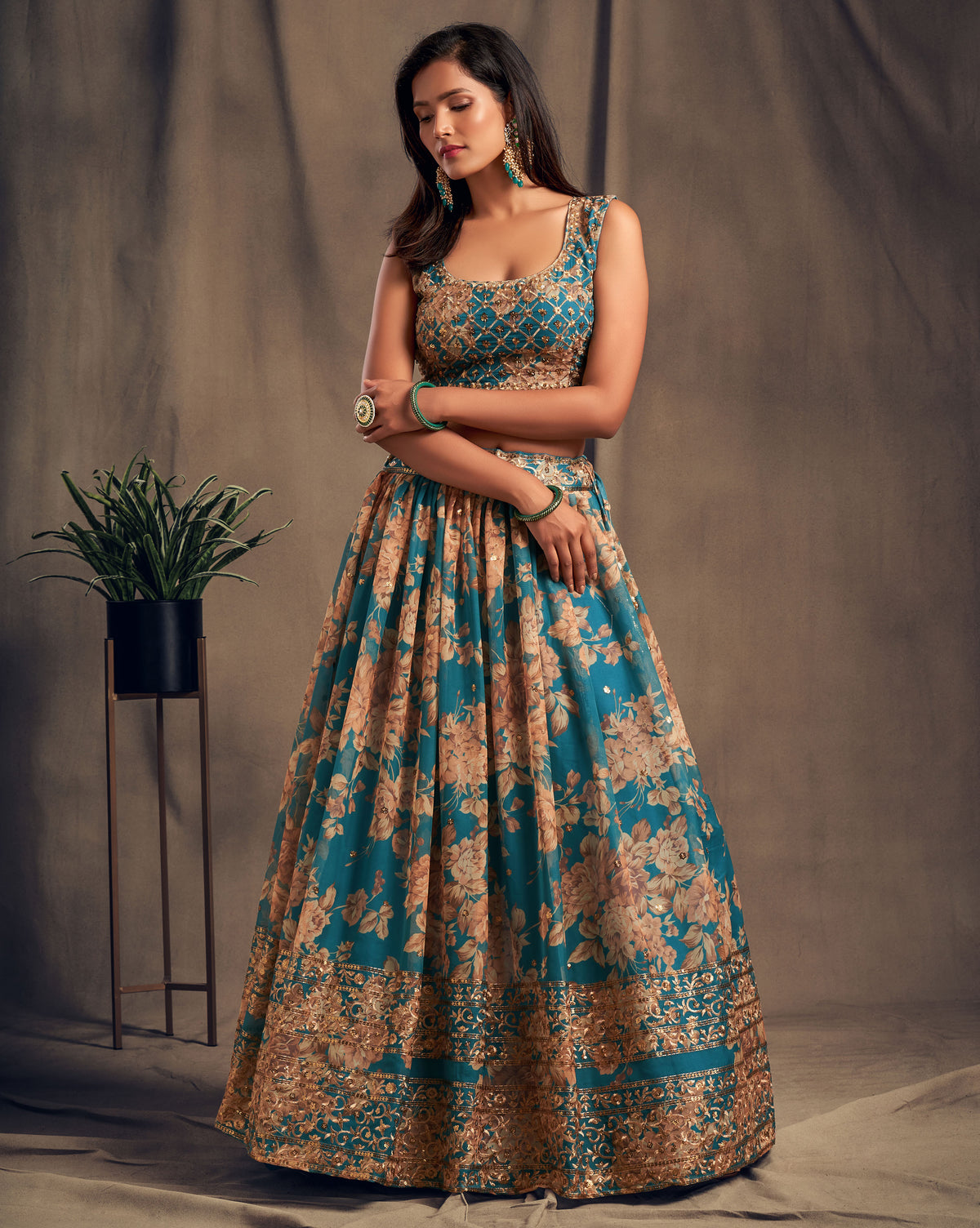 Teal blue floral lehenga - Joshindia