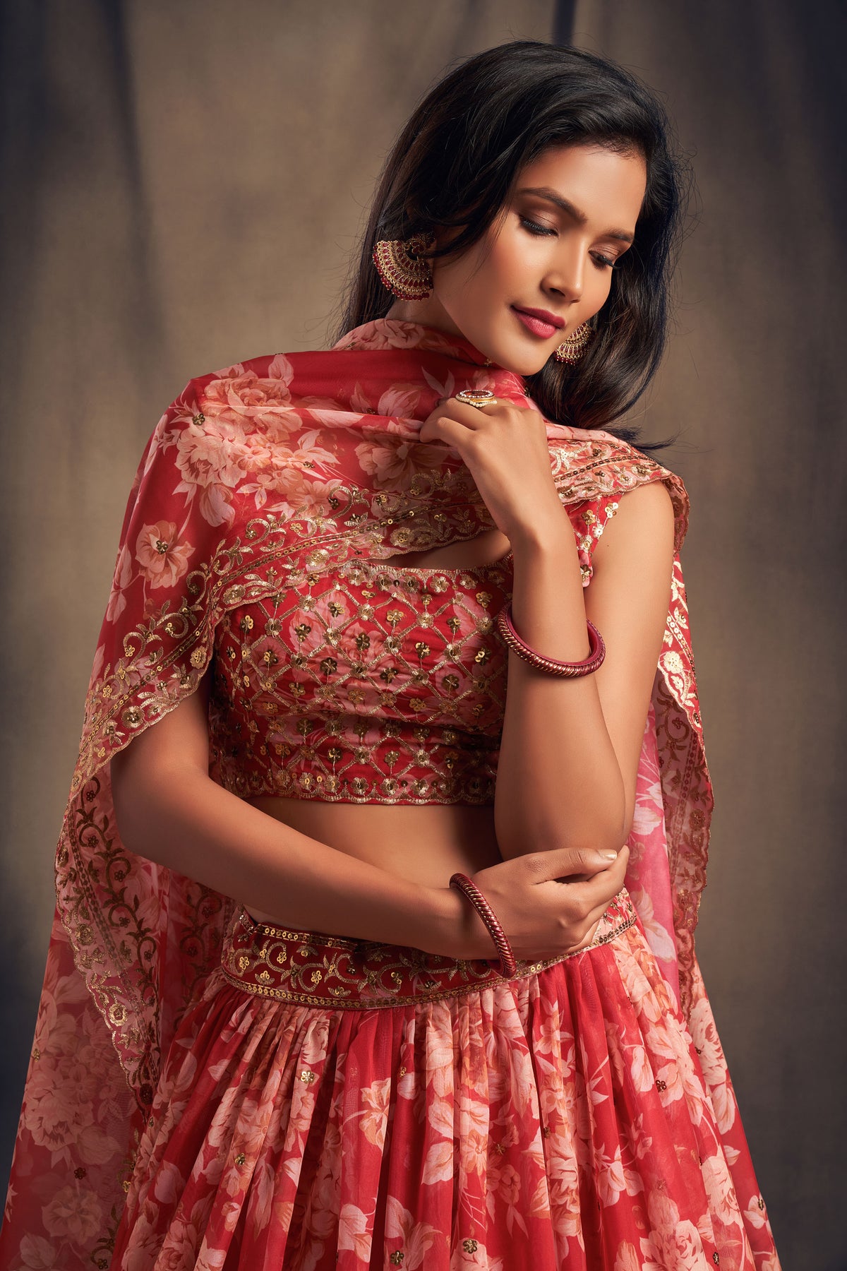 Red floral printed designer lehenga choli - Joshindia