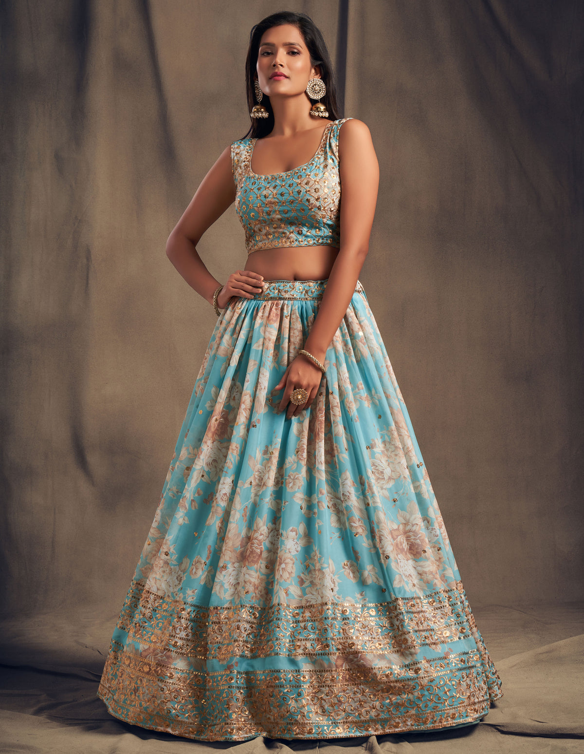 Sky blue floral printed designer lehenga choli - Joshindia