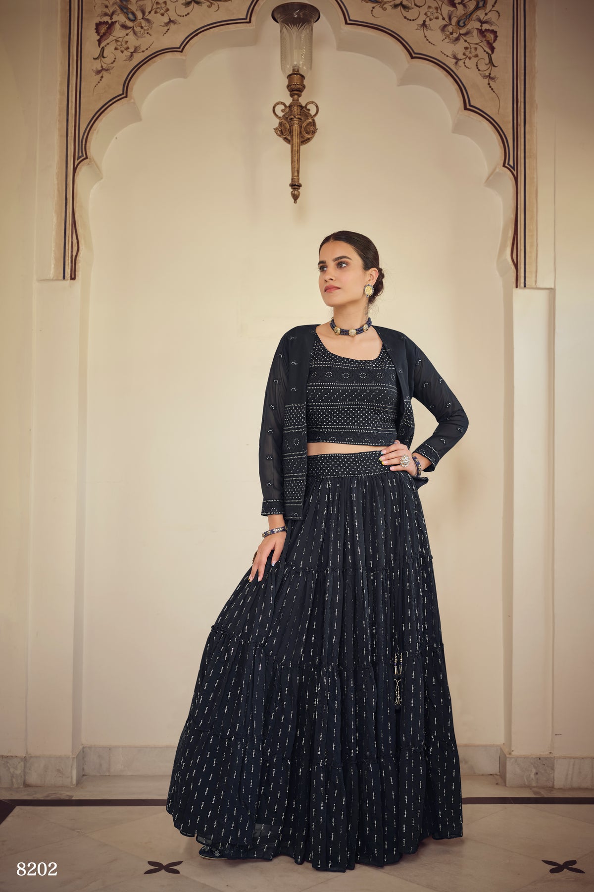 Navy Blue Georgette Crop Top Lehenga With Jacket - Joshindia