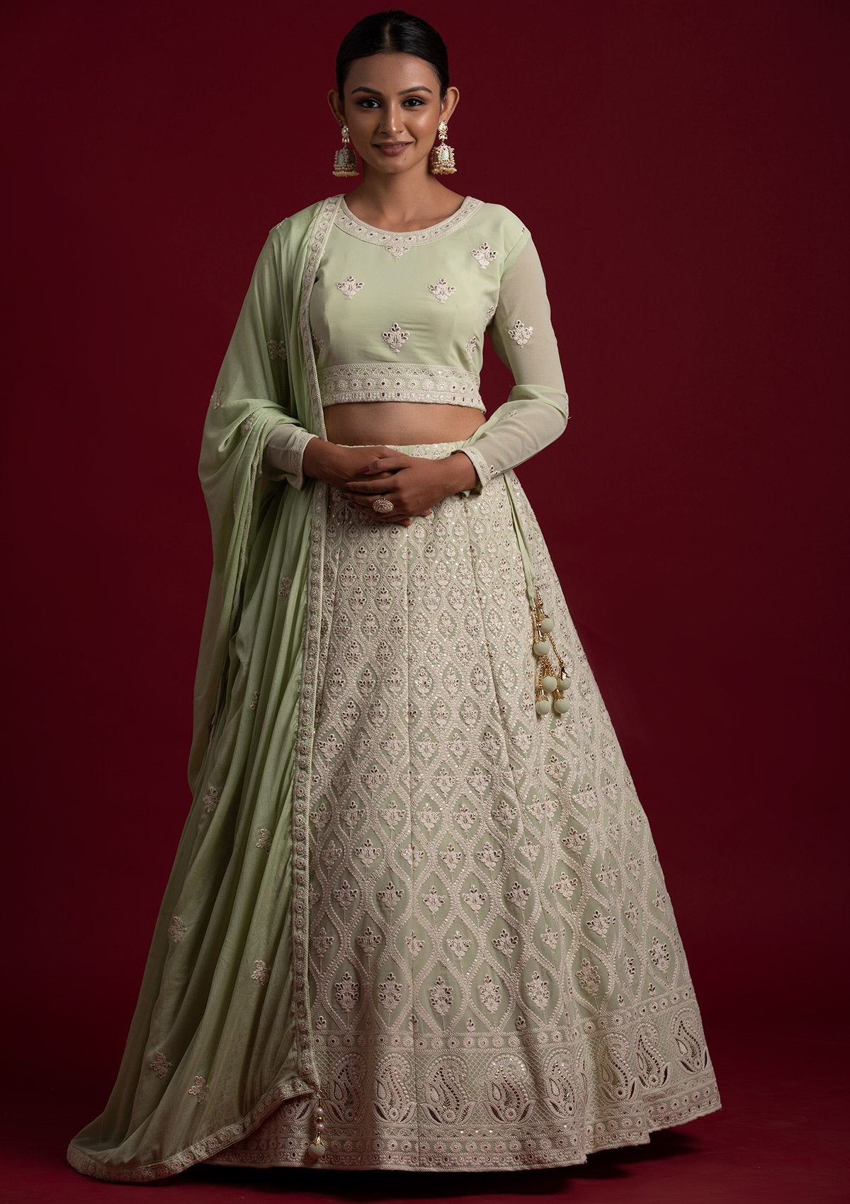 Pastel green color designer lucknowi lehenga choli - Joshindia
