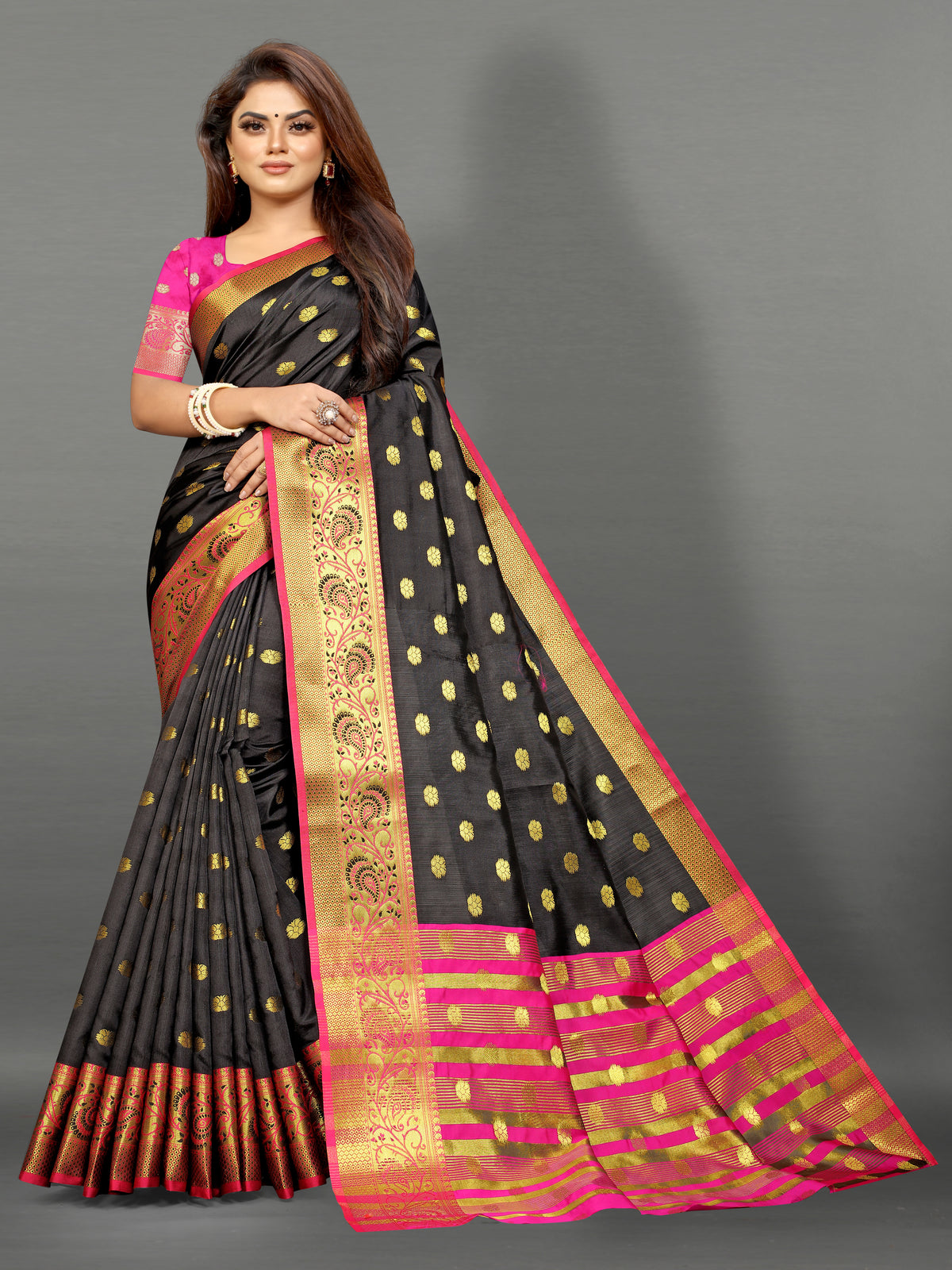 Pink and Black color banarasi silk saree - Joshindia