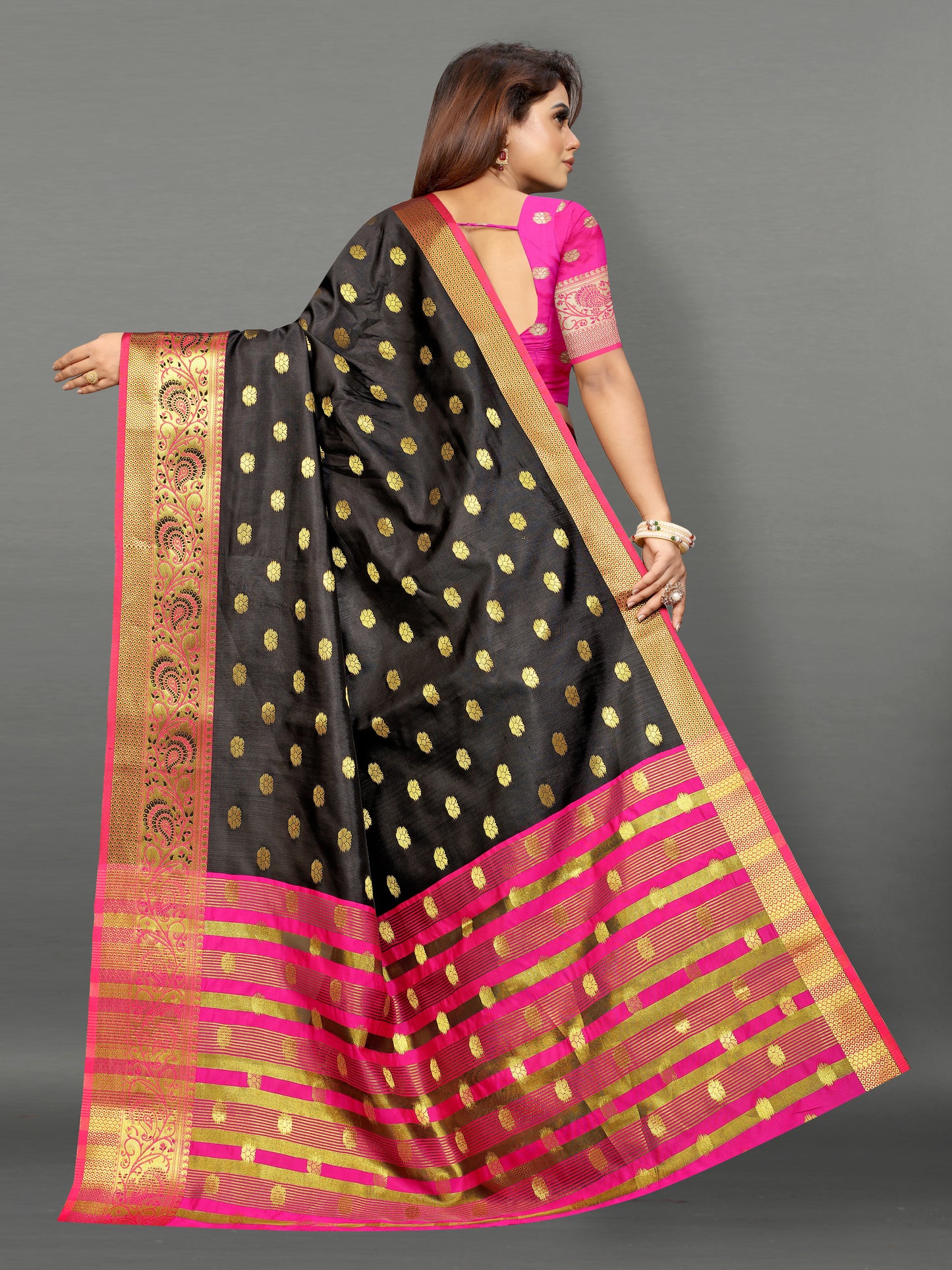 Pink and Black color banarasi silk saree