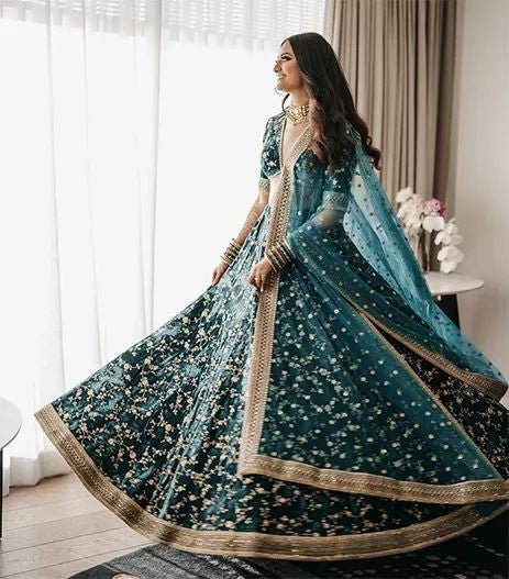 Turcoish Blue Color Heavy Bridal Lehenga For Wedding Reception
