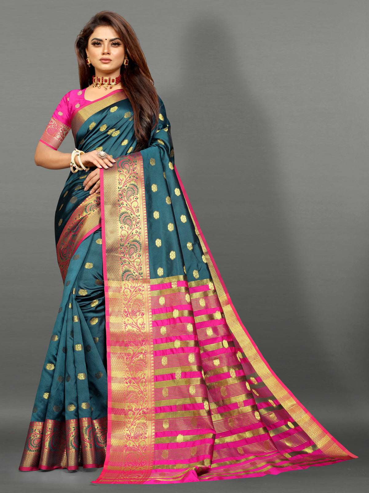 Pink and Grey color banarasi silk saree - Joshindia