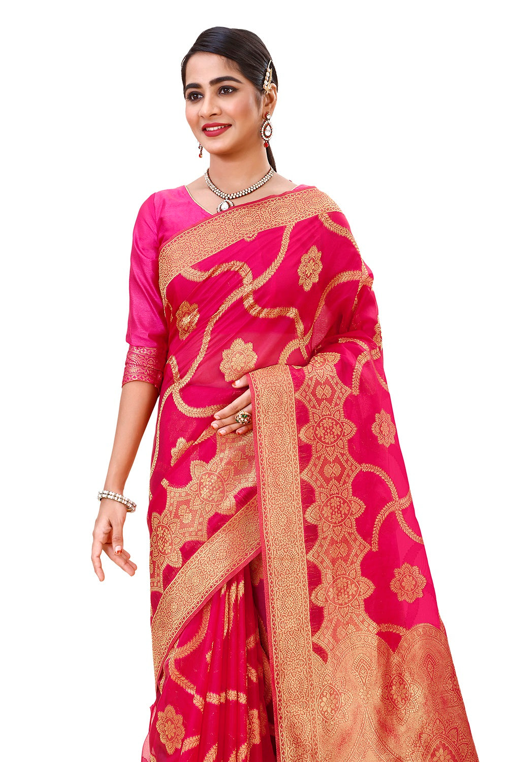 Buy trending designer Rani Pink Color Silk saree at best price online