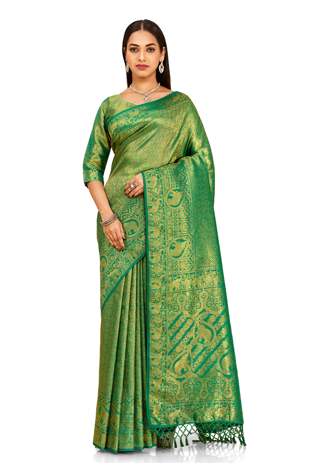 Green color banarasi silk saree buy now
