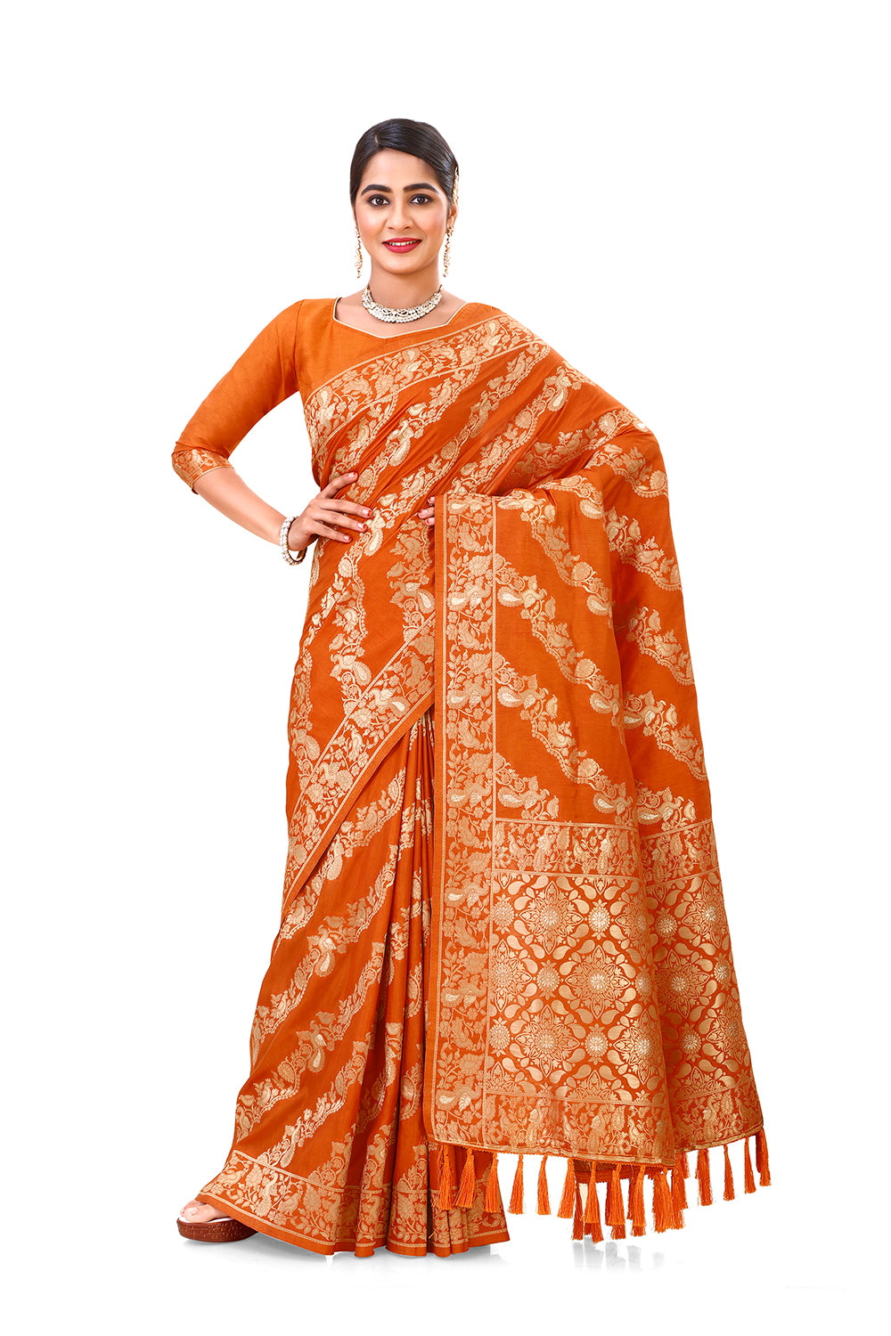 Orange Color banarasi silk saree for wedding - Joshindia