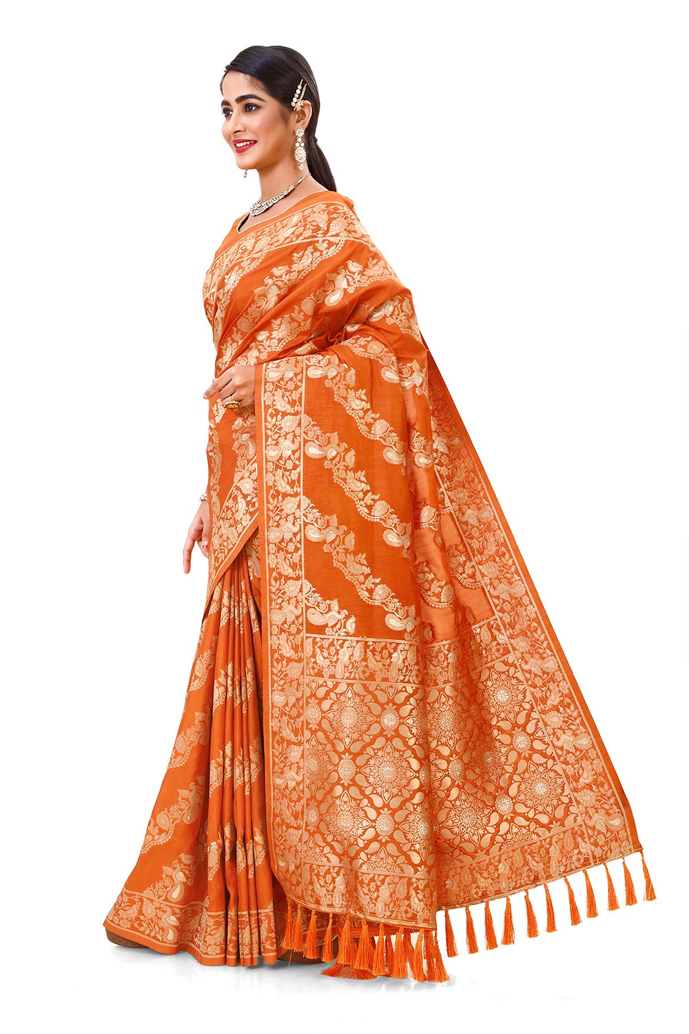 Orange Color banarasi silk saree for wedding - Joshindia