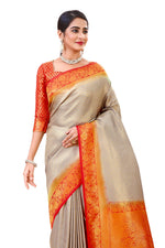 Beautiful Orange & Gray color Kanjivaram silk saree at affordable price - Joshindia