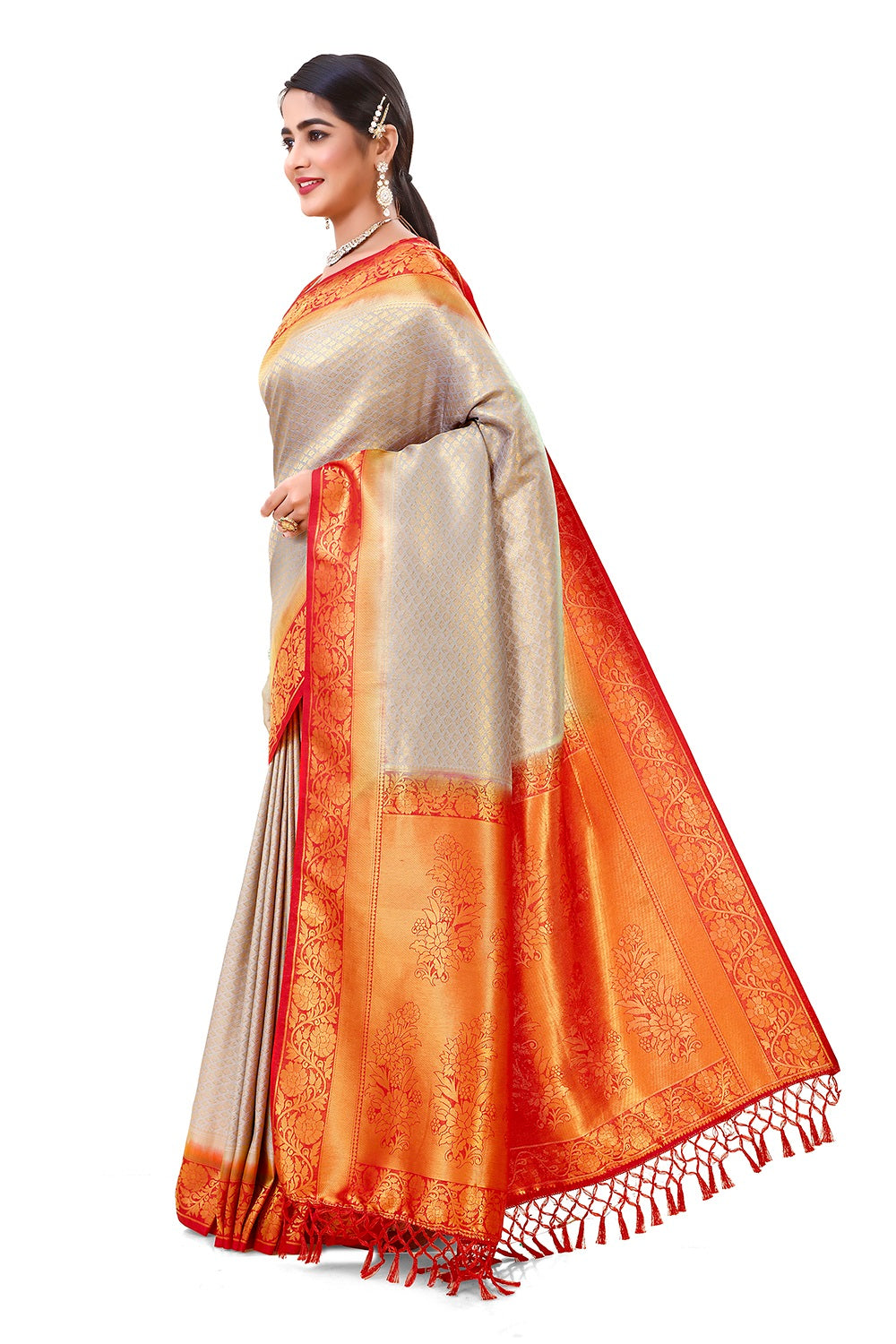 Beautiful Orange & Gray color Kanjivaram silk saree at affordable price - Joshindia