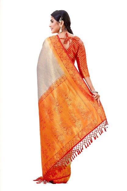 Beautiful Orange & Gray color Kanjivaram silk saree at affordable price