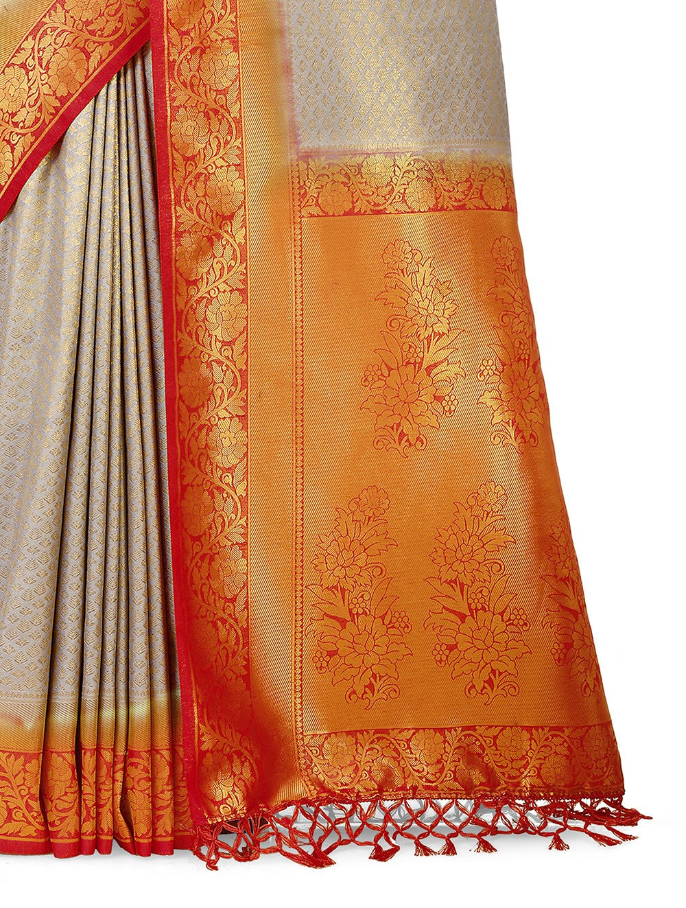Beautiful Orange & Gray color Kanjivaram silk saree at affordable price - Joshindia
