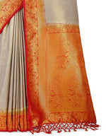 Beautiful Orange & Gray color Kanjivaram silk saree at affordable price - Joshindia