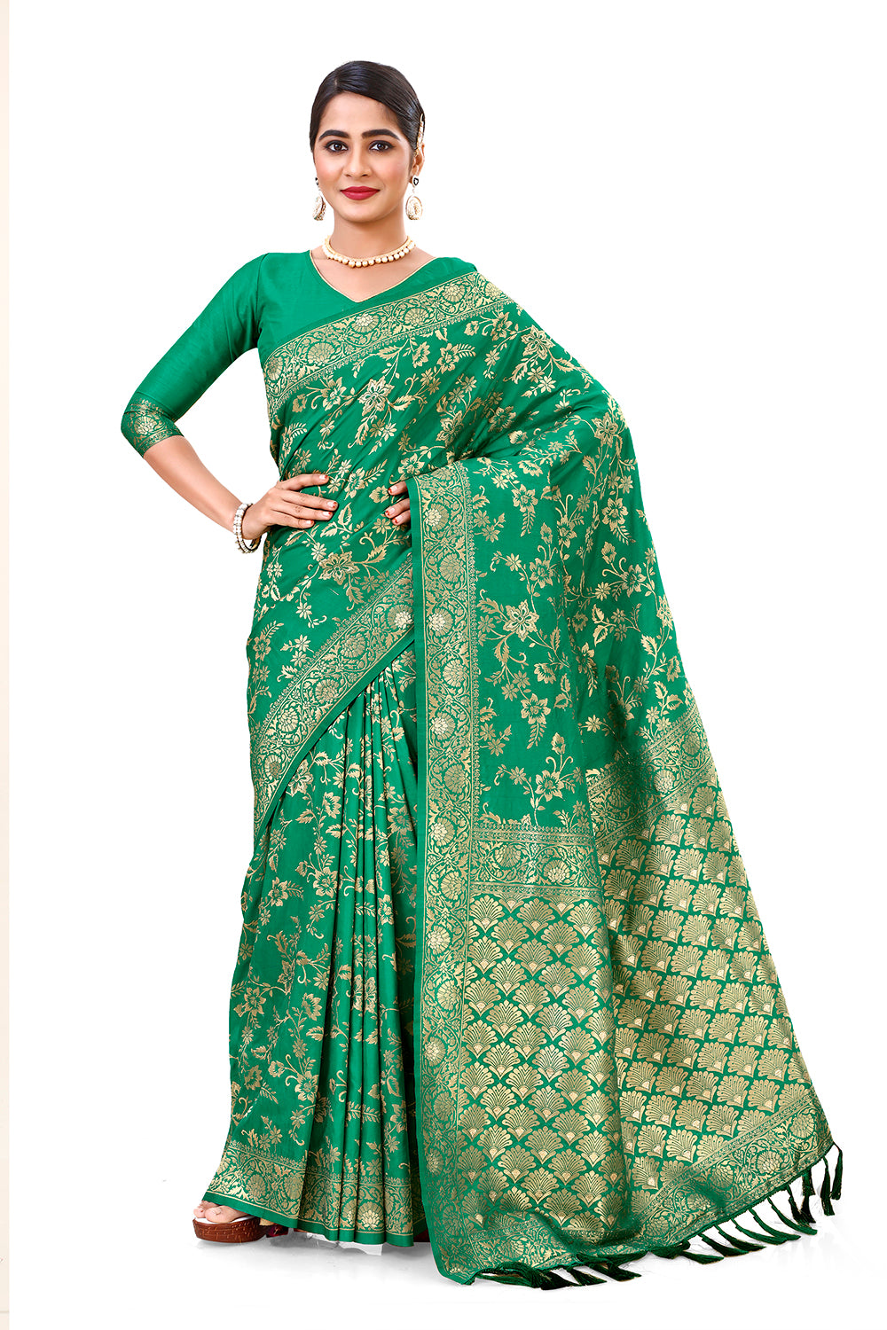 printed green Kanjivaram silk saree Buy Online - Joshindia