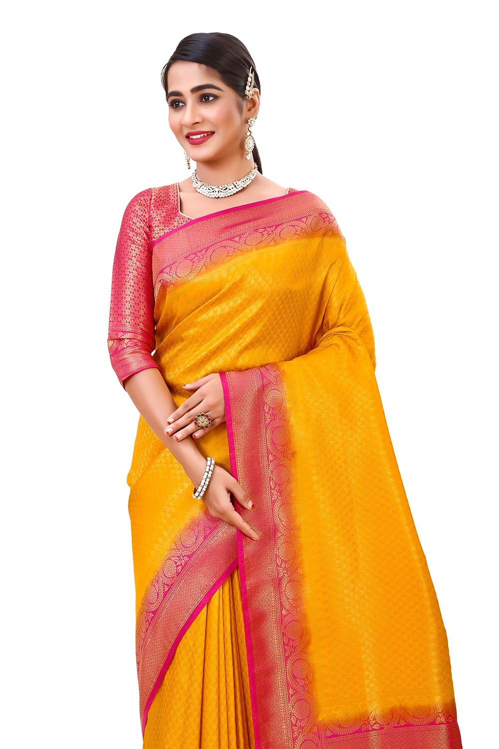 Yellow color kanjiveram silk saree Buy Online - Joshindia