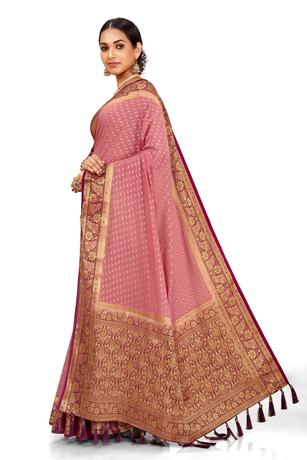 BABY PINK BANARASI DESIGNER SILK SAREE WITH BLOUSE - Joshindia