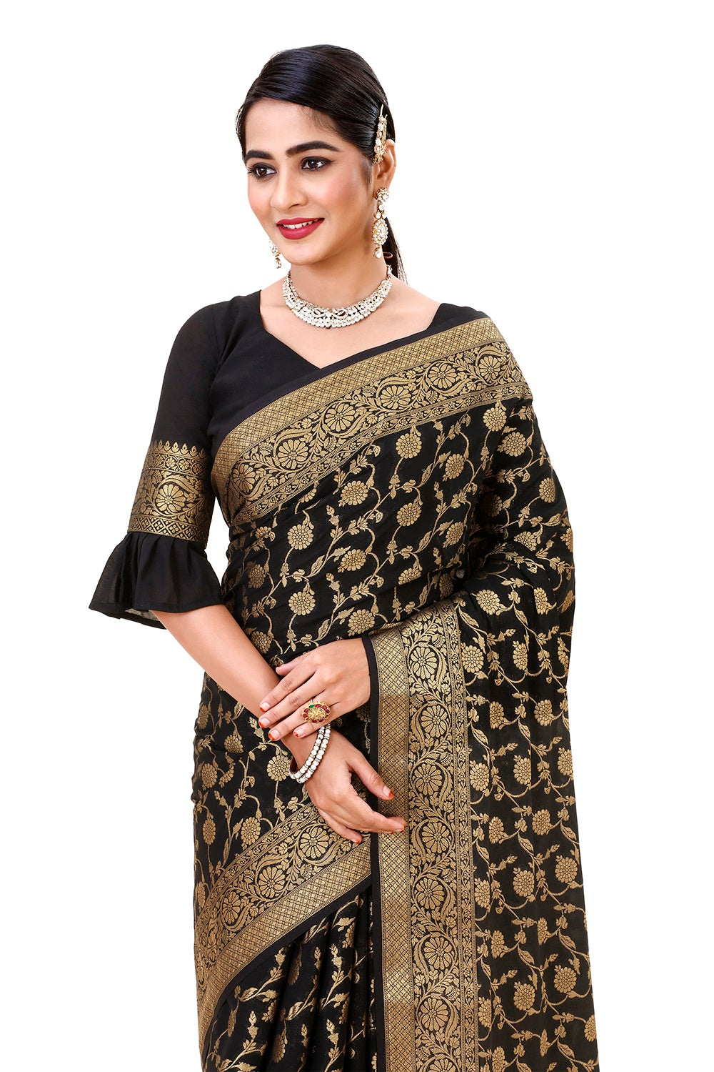 Handwoven Black Banarasi Tissue Silk Saree – Sumangal Banaras