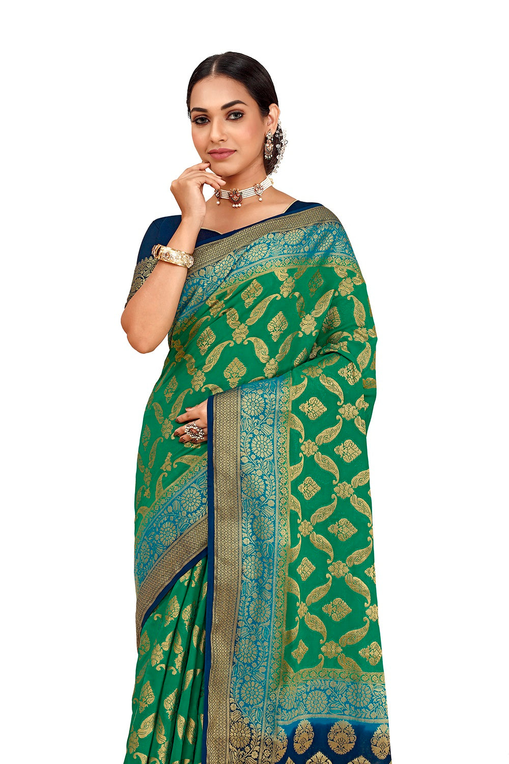 Green color heavy kanjiveram silk saree buy now - Joshindia
