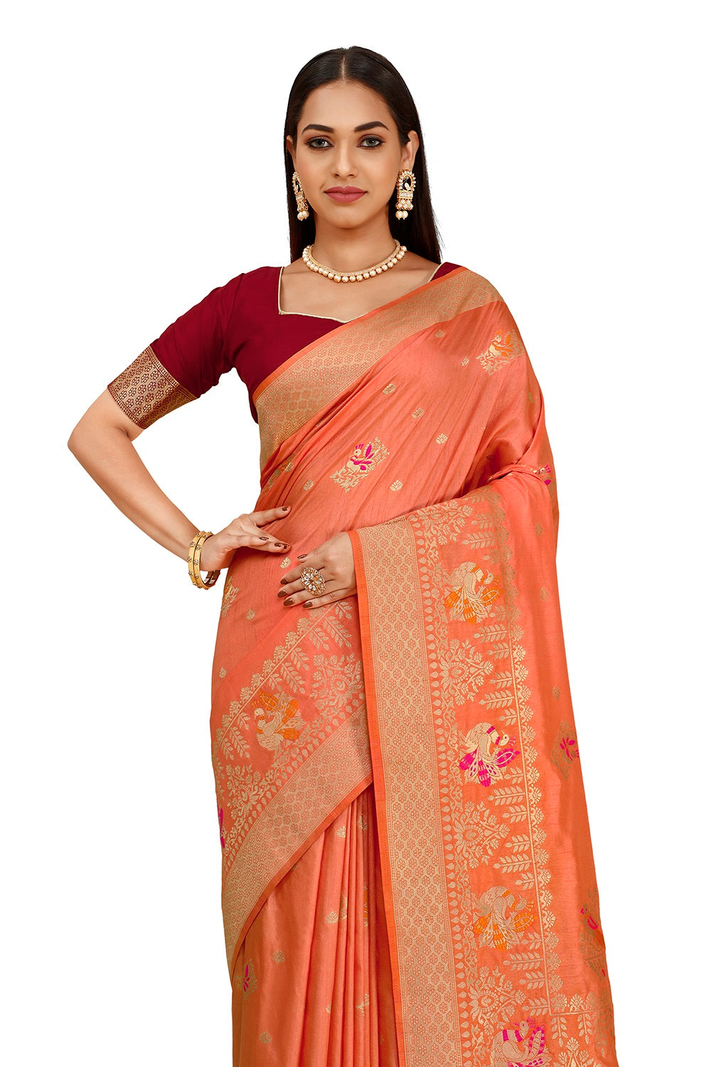 AmazingDesigner orange silk saree with blouse - Joshindia