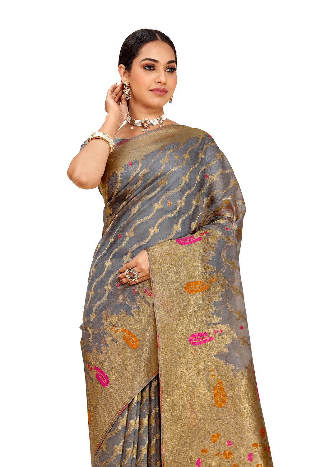 Golden and grey color banarasi silk saree