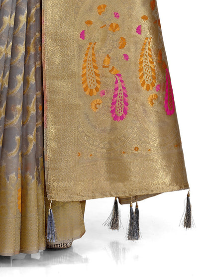 Golden and grey color banarasi silk saree