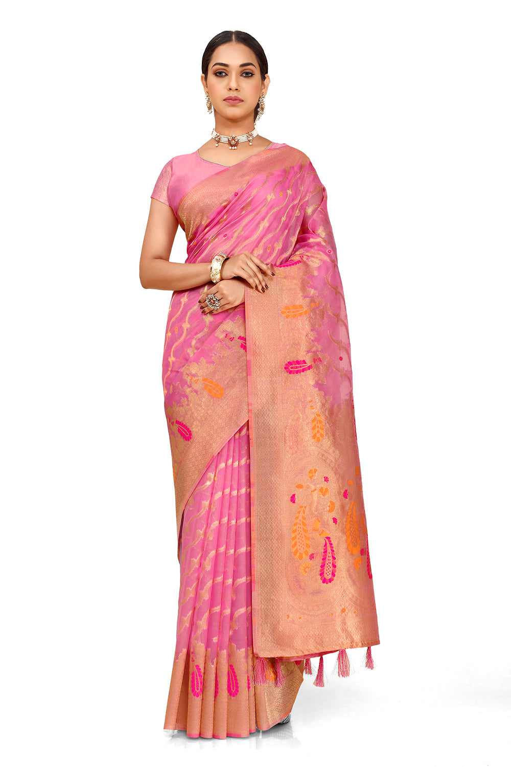 Pink and Golden color banarasi silk saree - Joshindia