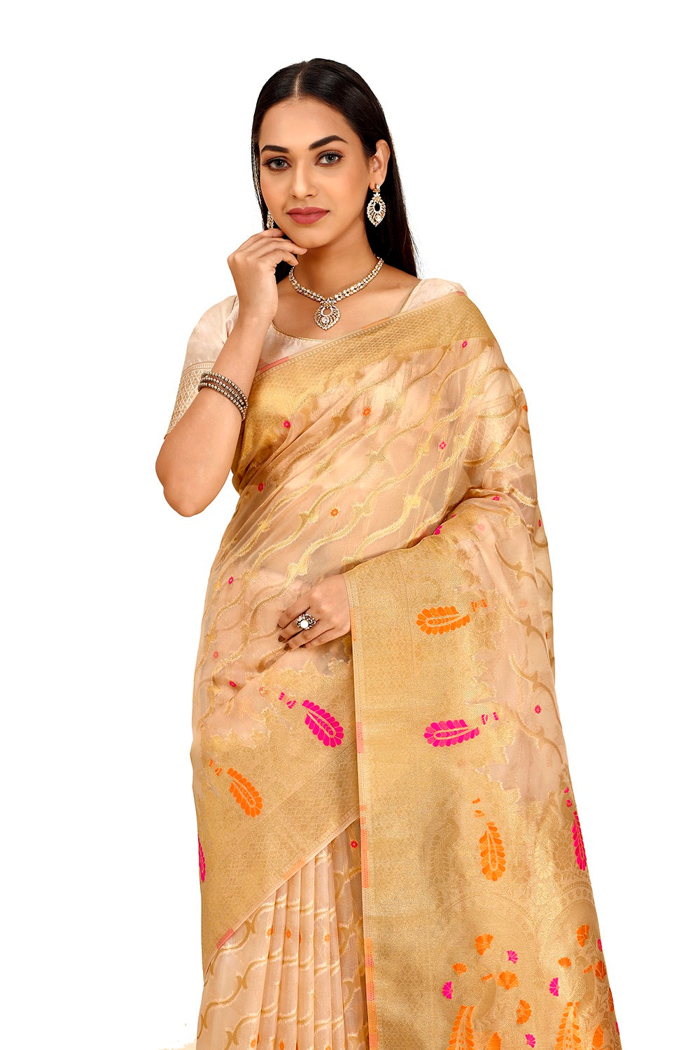 classy Beige color silk designer saree with blouse - Joshindia
