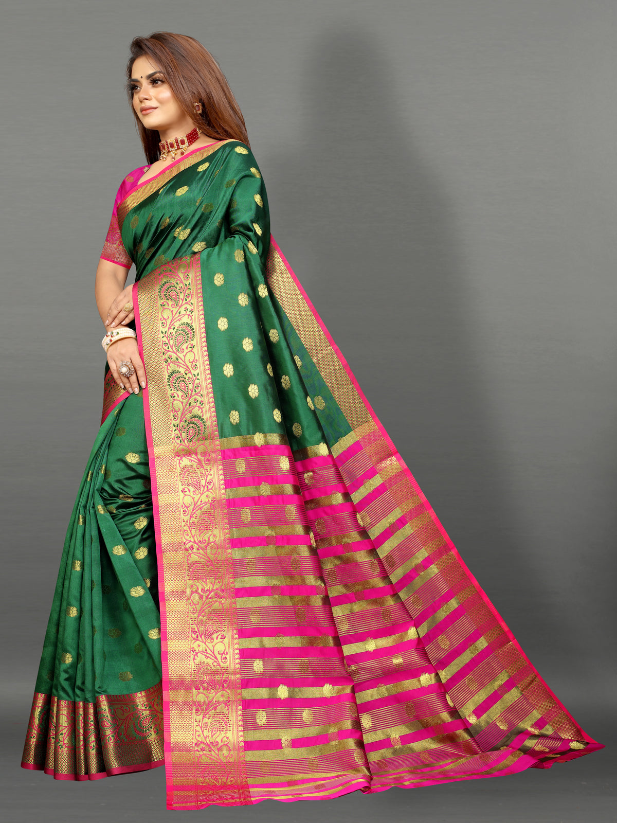 Pink and Green color banarasi silk saree - Joshindia