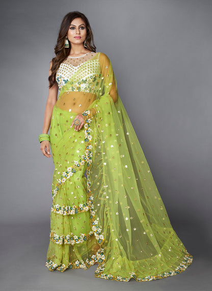 Beautiful Green color soft net ruffle saree for wedding