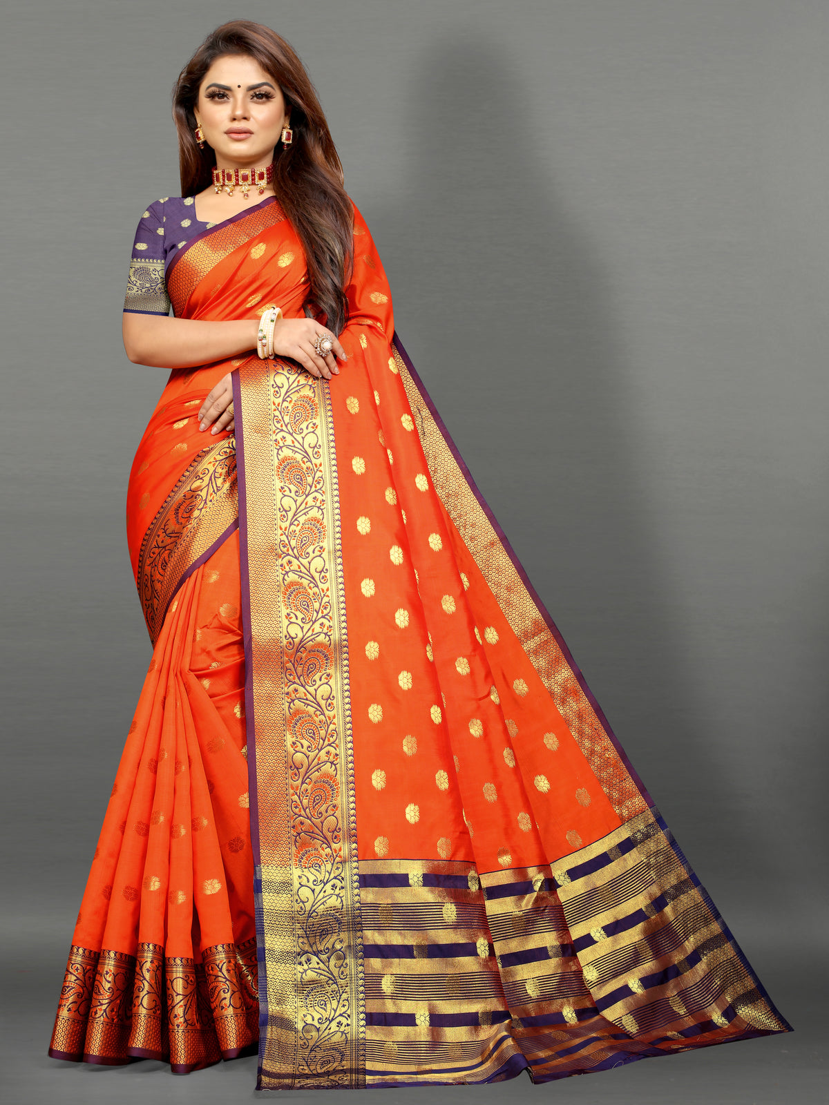 Blue and Orange color banarasi silk saree - Joshindia