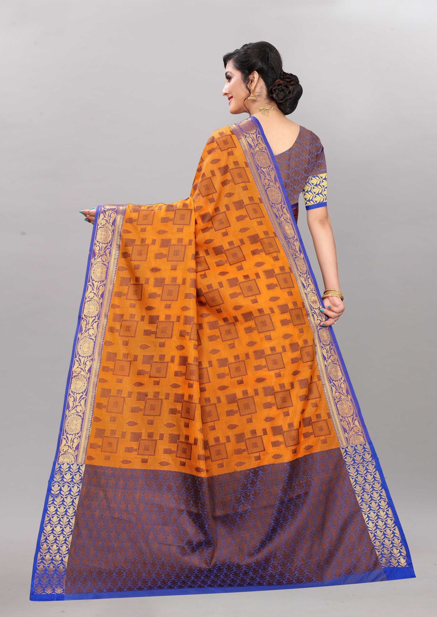 Blue and Light Orange color banarasi silk saree