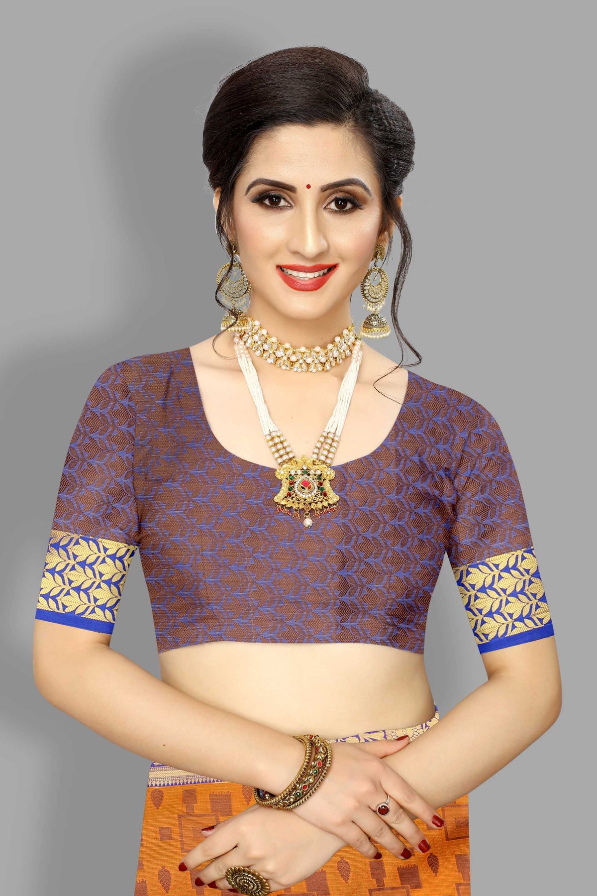 Blue and Light Orange color banarasi silk saree - Joshindia