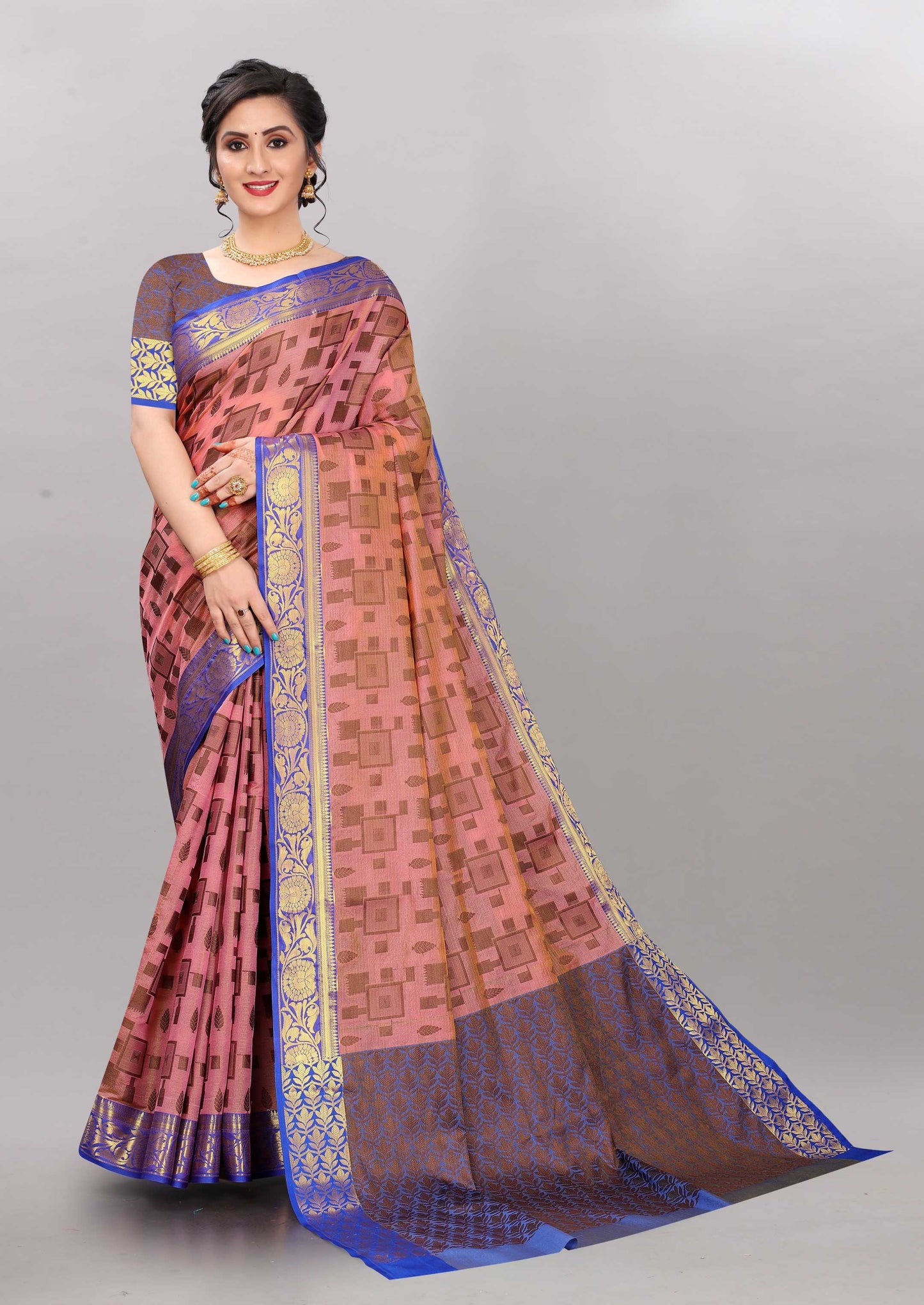 Blue and Light Pink color banarasi silk saree