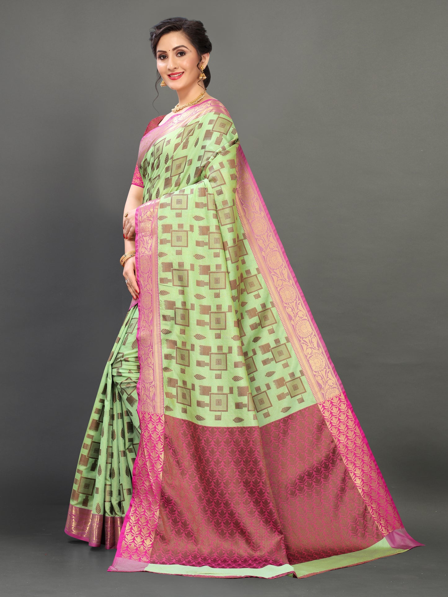 Pink and Pista Green color banarasi silk saree