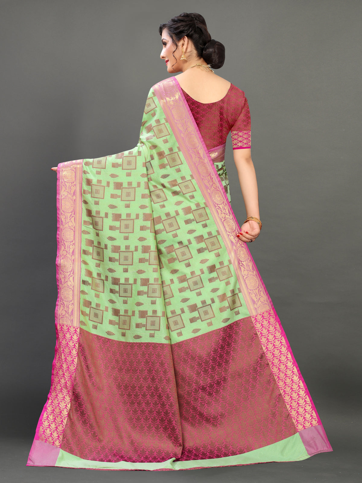 Pink and Pista Green color banarasi silk saree - Joshindia