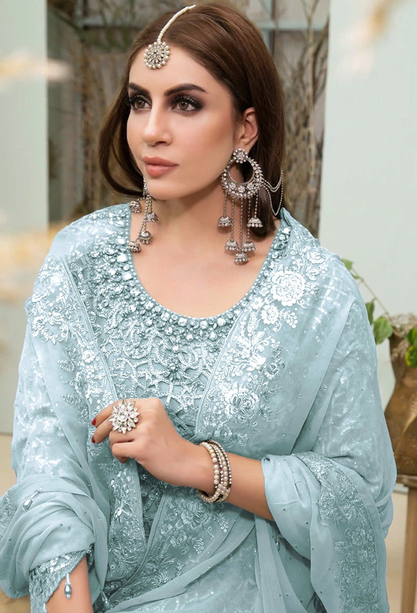 Sky Blue Heavy Fox Georgette With Hevey Embroidery Work Pakistani style Salwar Suit