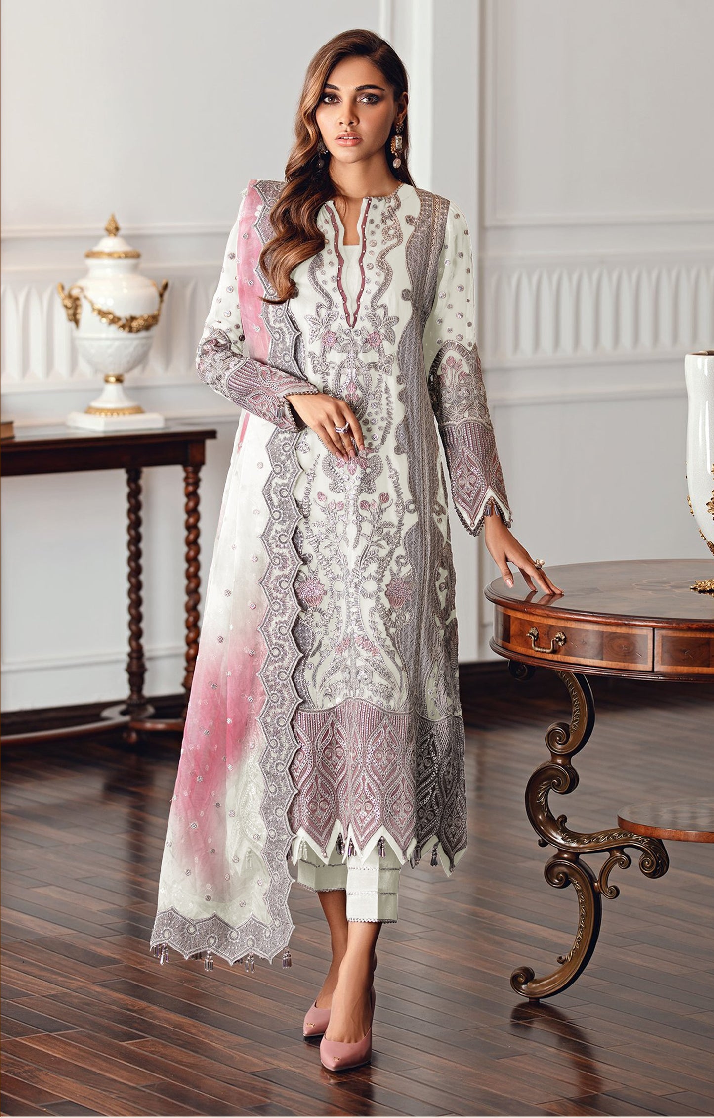 Off White Color Georgette Embroidery suit for woman