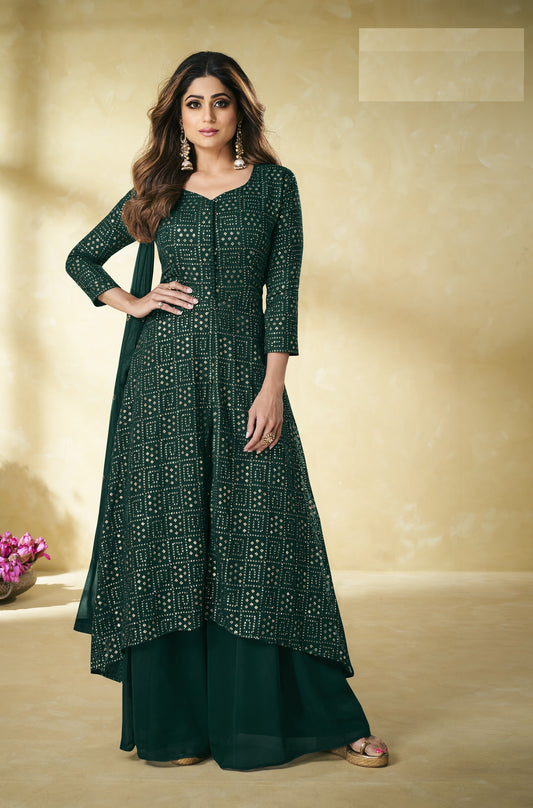 Green Heavy Faux Georgette with Embroided Sharara Salwar Suit
