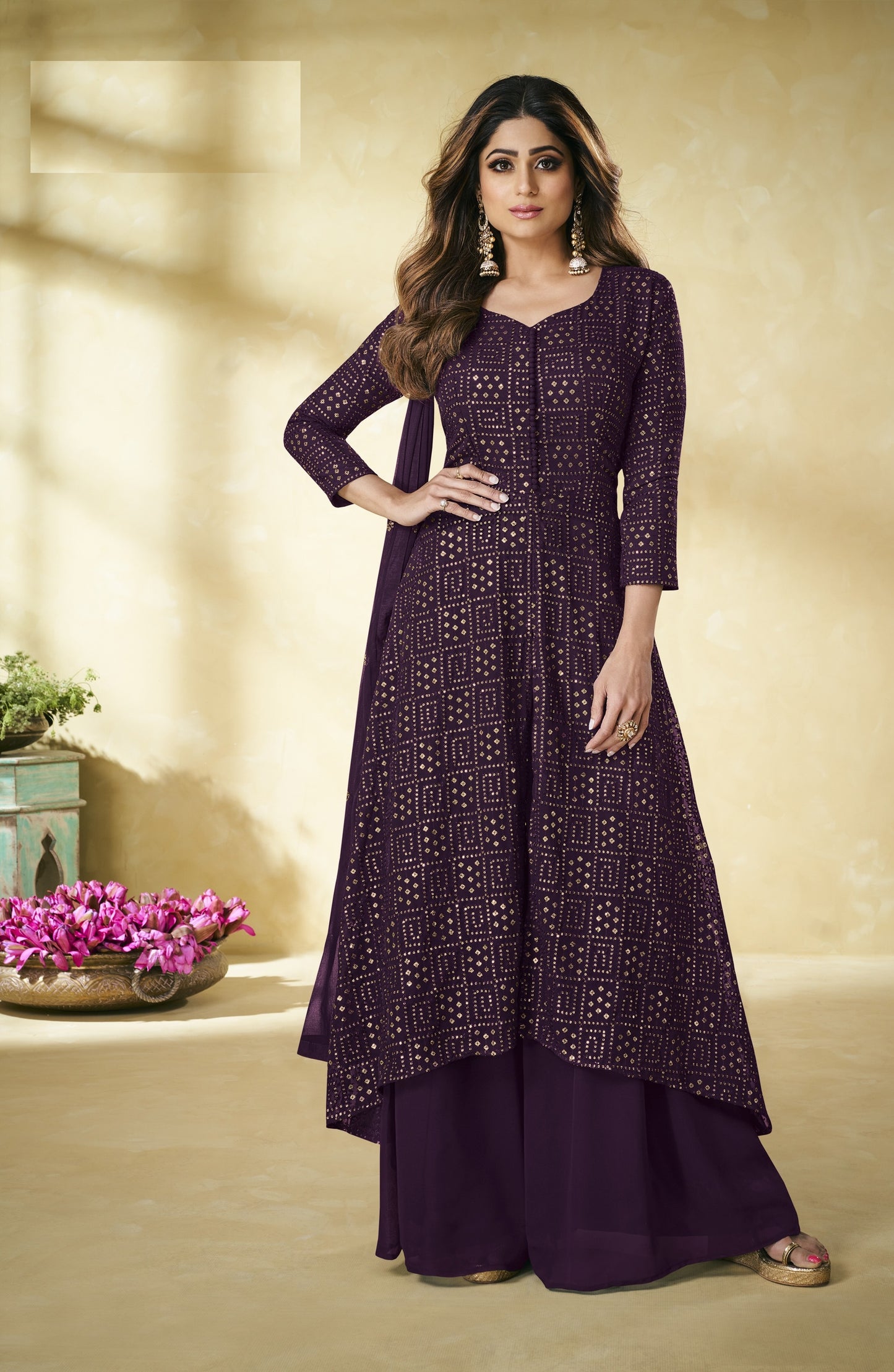 Purple Heavy Faux Georgette with Embroided Sharara Salwar Suit