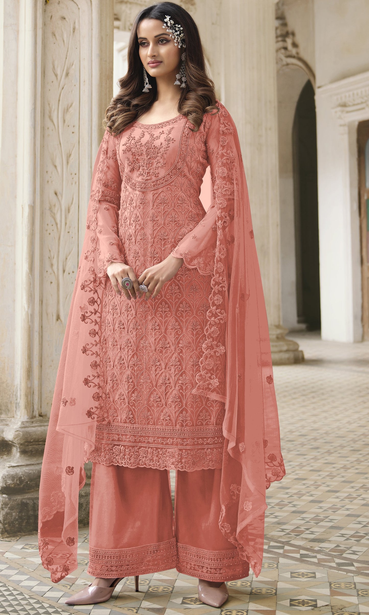 Peach Color Heavy Butterfly Net Embroided Salwar Suit